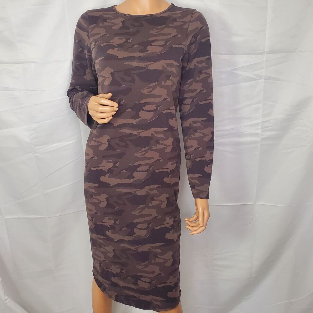 Monrow Women's Long Sleeves Midi Dress Camouflage Brown Size Large